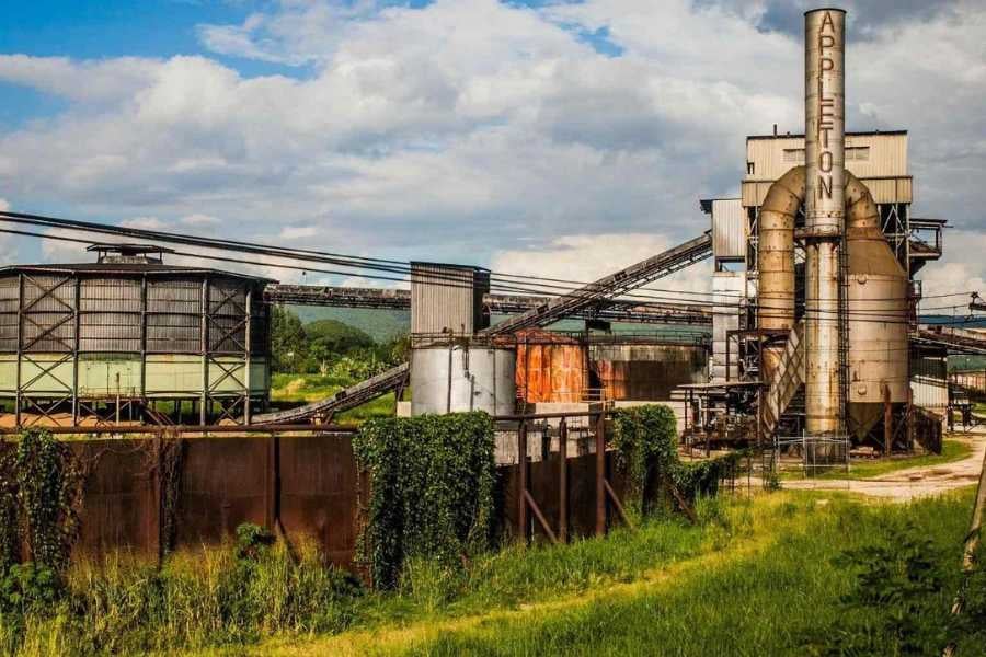 An industrial view of the Appleton rum distillery, where tradition and modern craftsmanship blend to create smooth spirits.