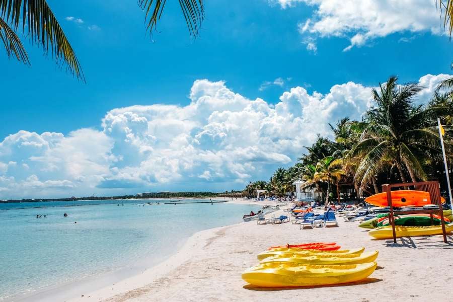 A dreamy tropical beach with clear waters, palm trees, and bright yellow kayaks ready for adventure.