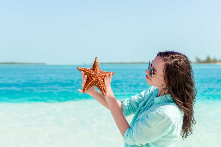 A woman is holding a starfish in her hand