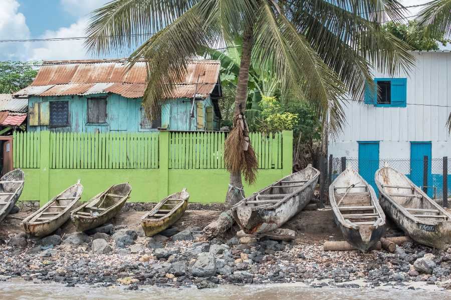 Wooden boats lined up along the shore, beside a bright, colorful building and palm tree.