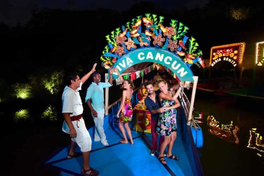 Friends enjoying music, dancing, and festive vibes aboard a colorful party boat under the night sky.