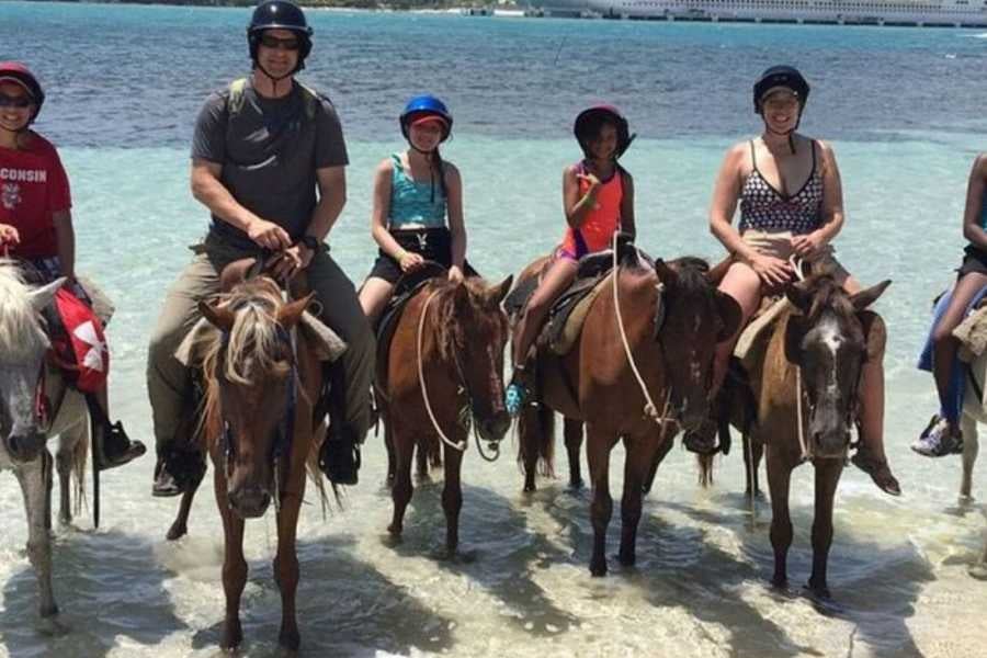 A family enjoys horseback riding along the shallow waters, creating a fun, relaxing experience.