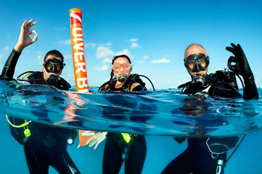 Three divers are going into deep water for a dive