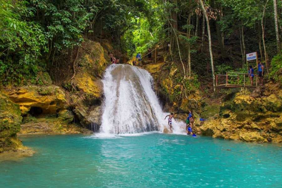 A majestic waterfall flows into a turquoise pool, inviting swimmers to explore its hidden charm in the jungle.