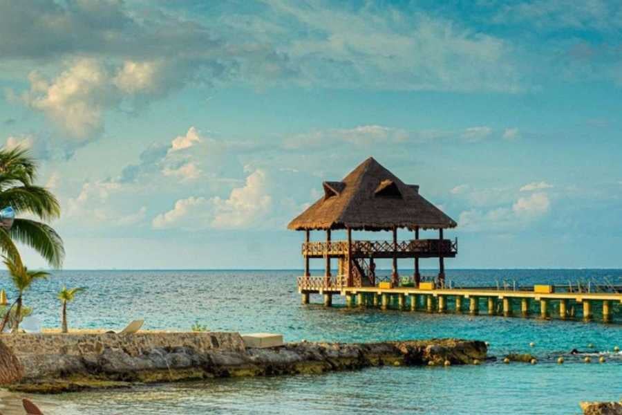 A cozy wooden palapa on a pier offers a peaceful ocean view, perfect for relaxing moments.