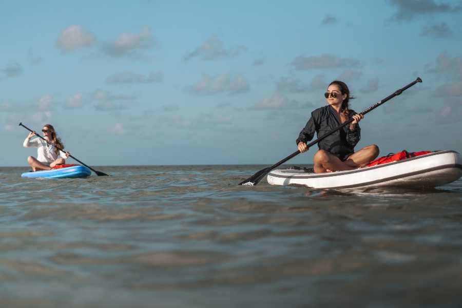 Two friends kayaking on tranquil waters, enjoying the open air.