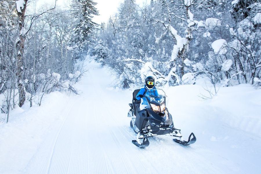 A rider glides through a peaceful, snow-covered Breckenridge forest trail.