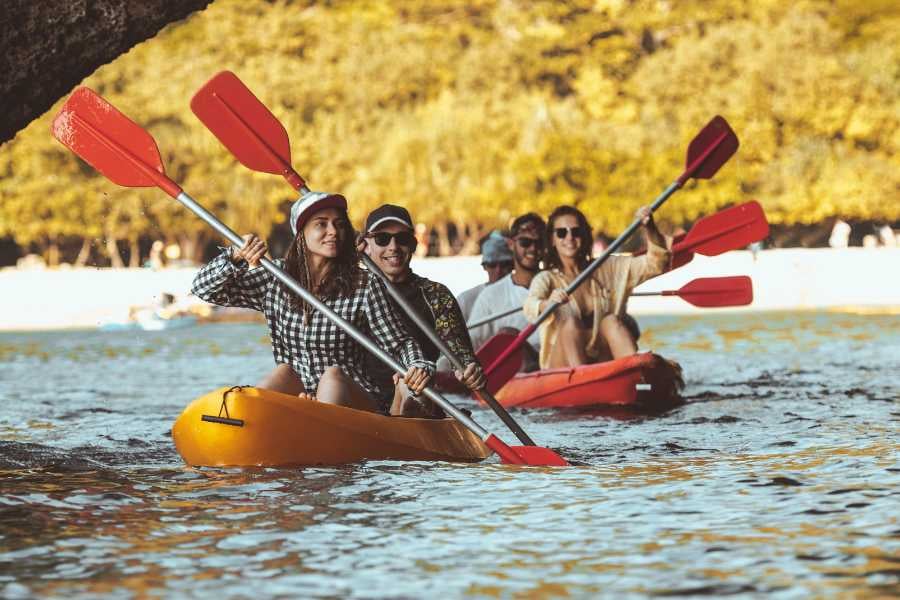 A group of friends paddles brightly colored kayaks on a serene river, surrounded by lush greenery.