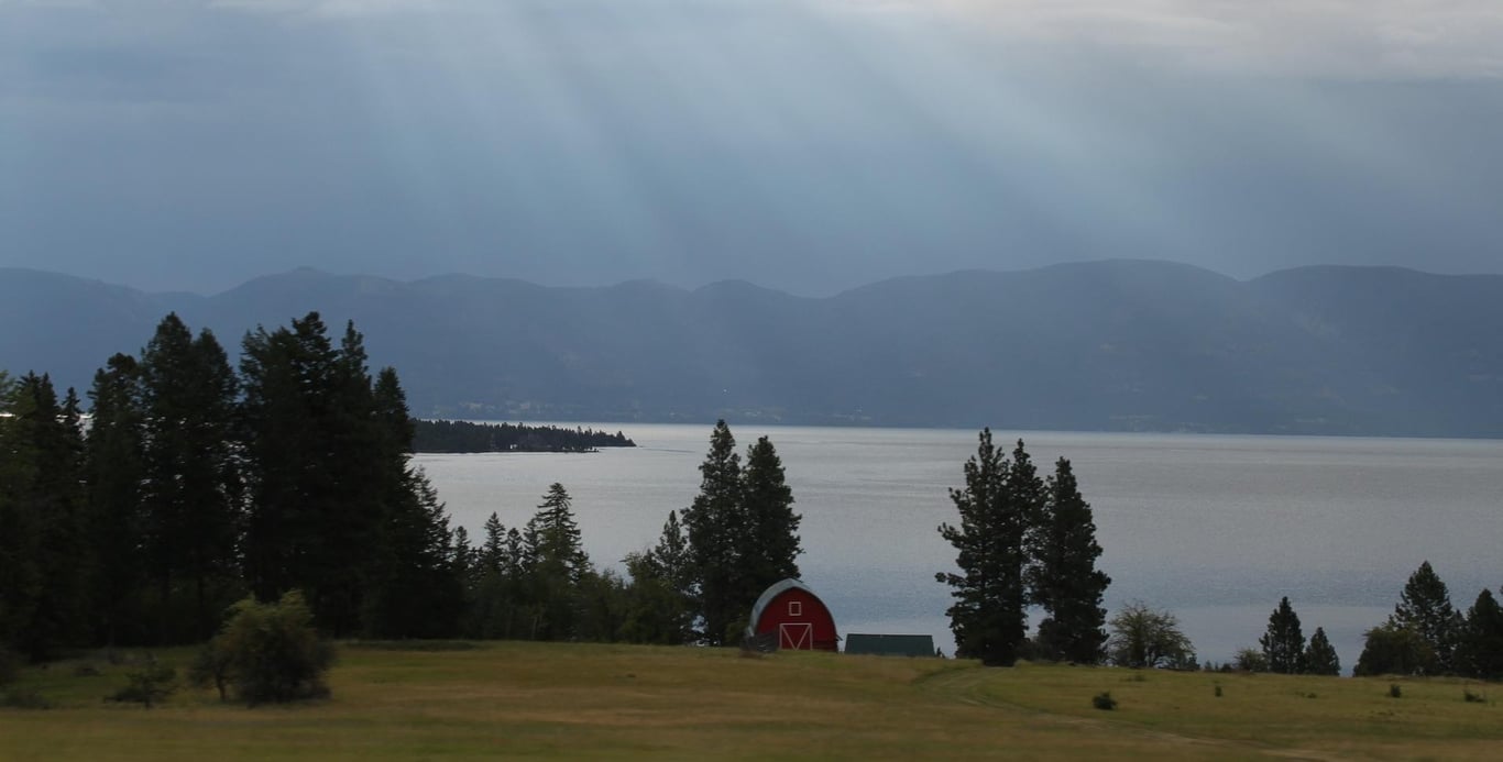 red barn on edge of Flathead Lake