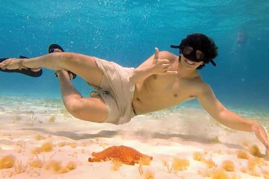 A snorkeler glides near the ocean floor, striking a pose beside a bright orange starfish in shallow waters.