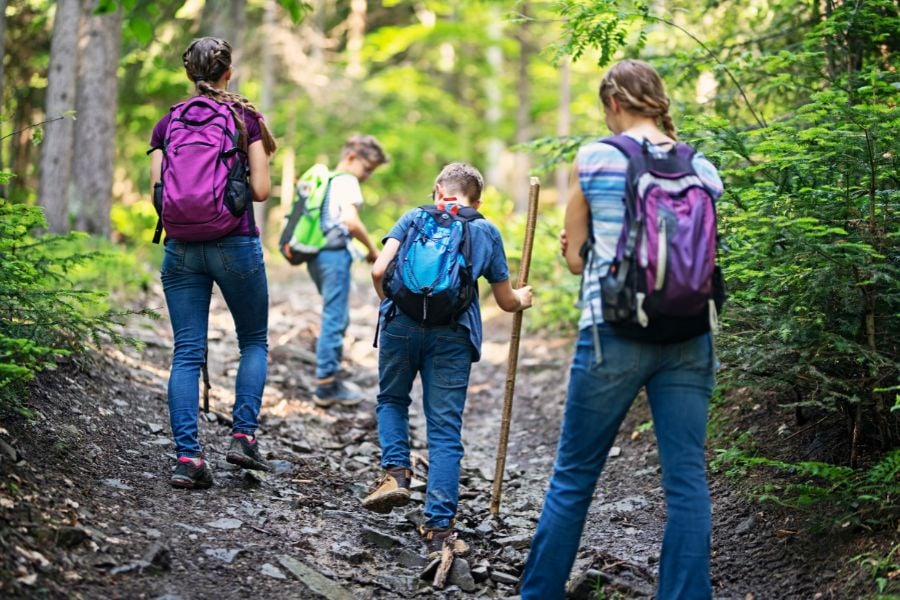 Kids and adults hike a rocky forest trail with backpacks and walking sticks.