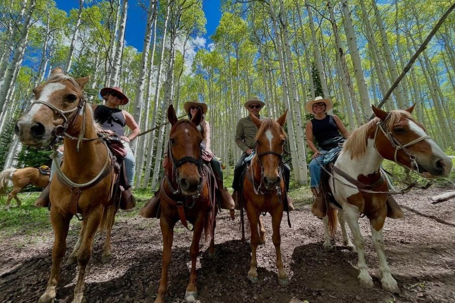 A group of riders poses among Vail’s tall aspen trees.