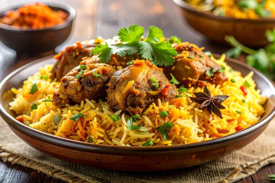 A delicious bowl of chicken biryani topped with herbs and spices.
