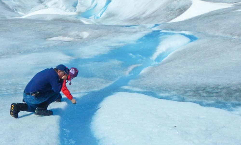 Visitors walking on the Herbert Glacier surface during a helicopter excursion in Juneau