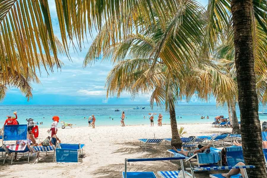 People relax on beach chairs, enjoying the sun and beautiful beach views framed by palm trees.