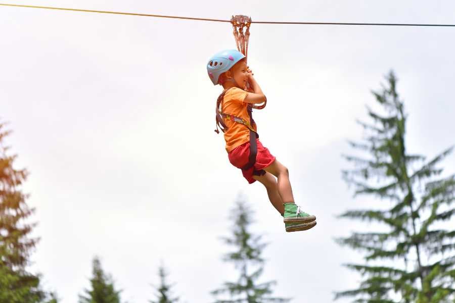 A child soars through the treetops on an exciting zip-line, enjoying an unforgettable outdoor adventure.