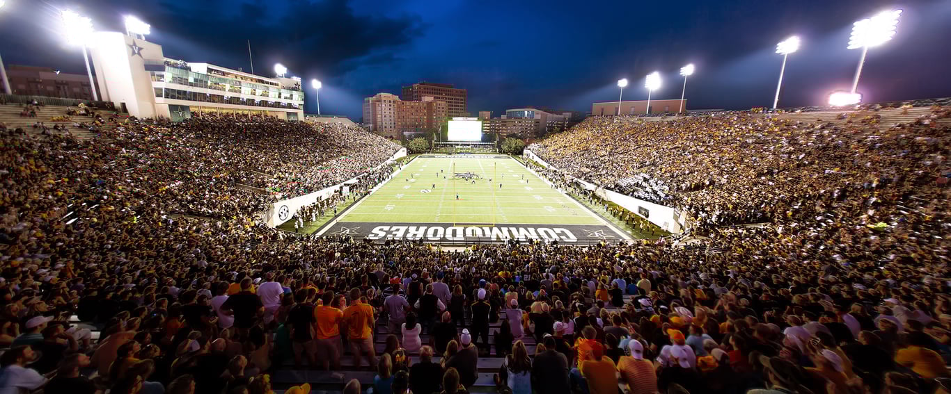 Vanderbilt Commodores football game with fans cheering at FirstBank Stadium in Nashville