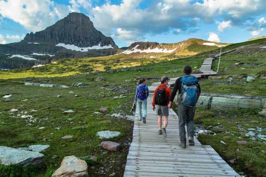 Hikers trek along a wooden trail, surrounded by mountains and patches of snow.