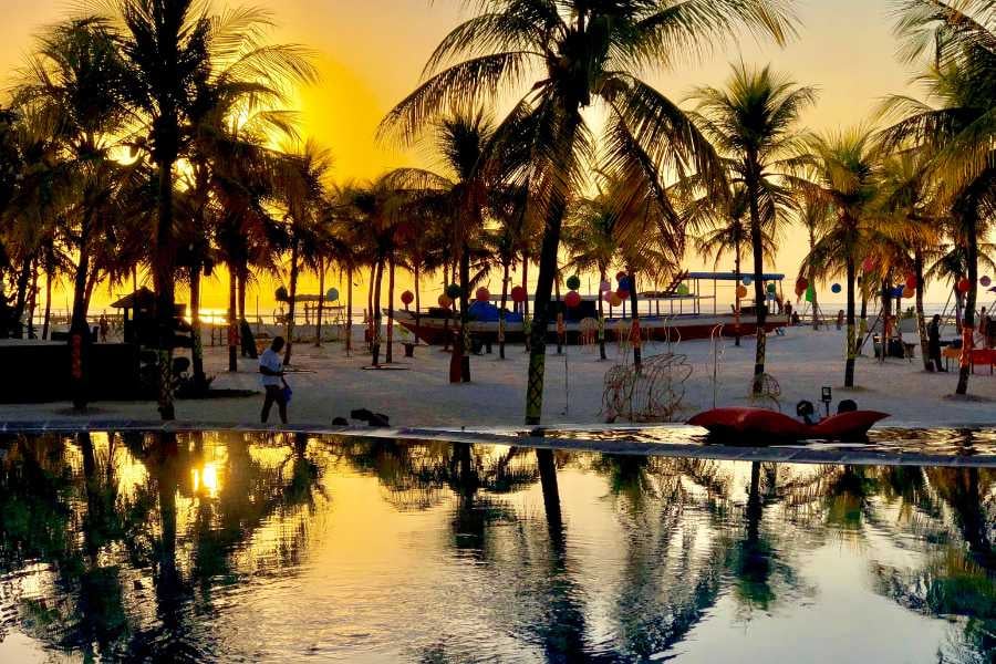 A golden sunset over a beachside pool surrounded by swaying palm trees and tropical vibes.