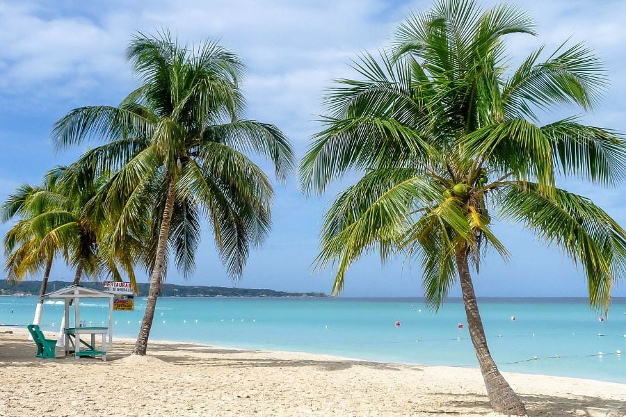 Palm trees sway above Negril’s smooth sand and clear, shallow water.