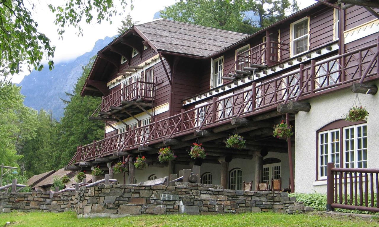 brown lodge in glacier park in summer