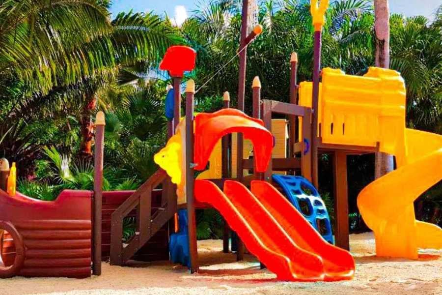 A bright, fun playground nestled among palm trees, ideal for children to enjoy tropical adventures.