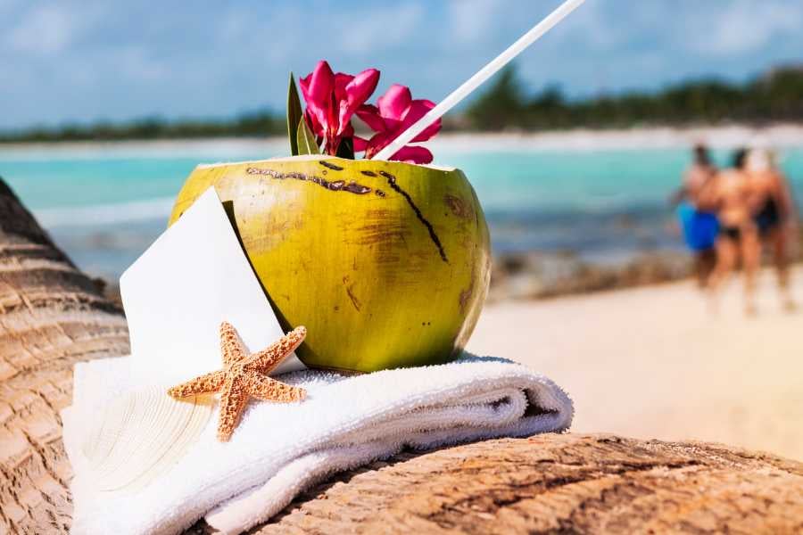 A fresh coconut drink with a flower and straw, sitting on a beach towel by the sea.