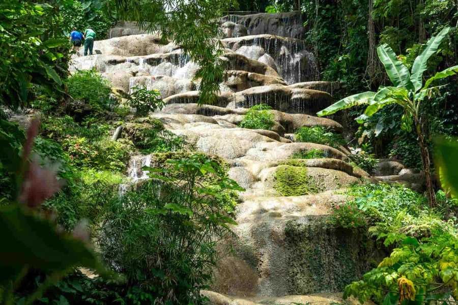 A vibrant hillside waterfall spilling over mossy rocks, framed by tropical foliage and sunlight.