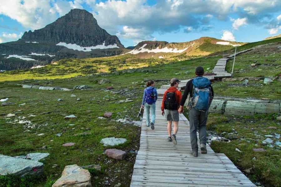 Hikers walking along a scenic wooden trail, surrounded by lush green mountains and blue skies.