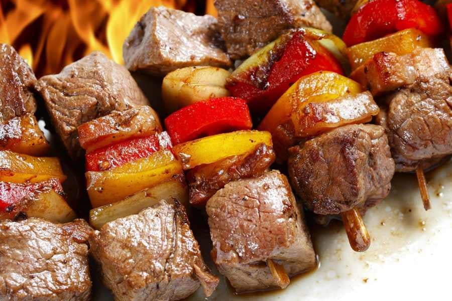 Juicy beef and peppers on a sizzling skewer.