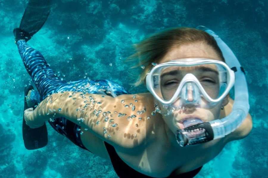 A snorkeler glides through the water, bubbles trailing behind as sunlight dances on the ocean's surface.