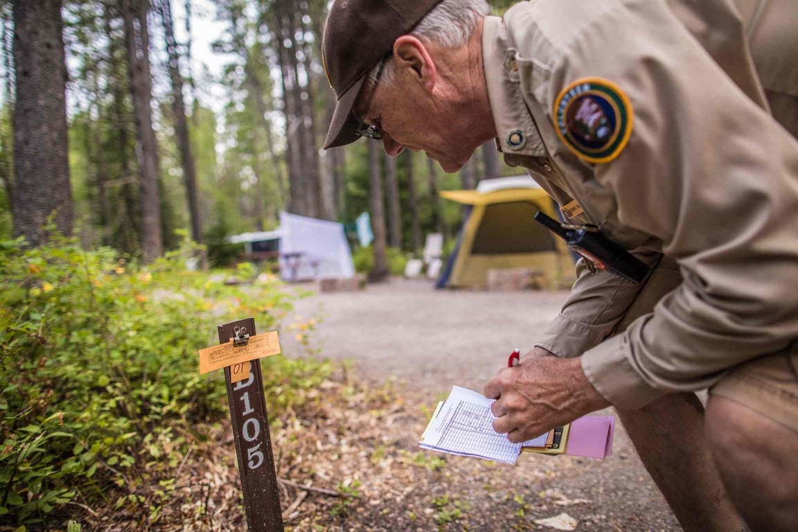 ranger checking a sign in national park