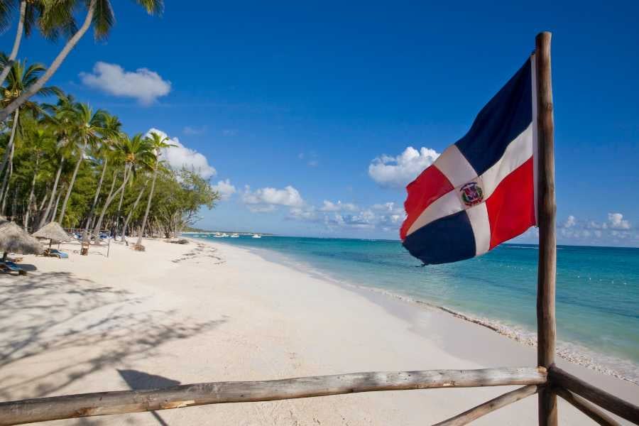 A peaceful beach with a Dominican Republic flag, palm trees, and clear blue water.