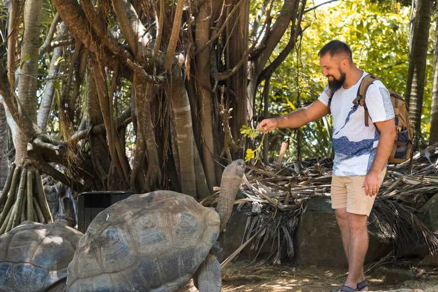 A man is having fun with a turtle