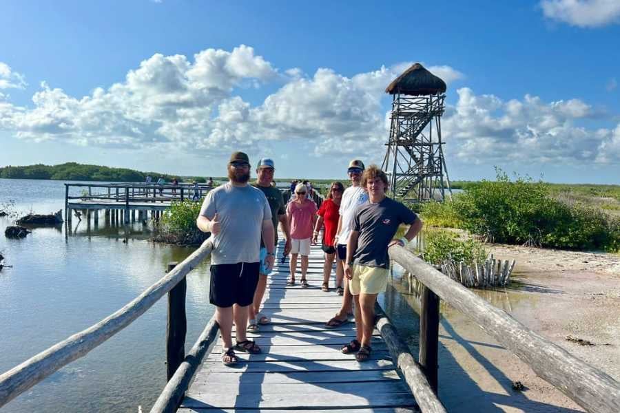 A group of visitors enjoys a sunny day on a wooden bridge surrounded by mangroves and a rustic lookout tower.