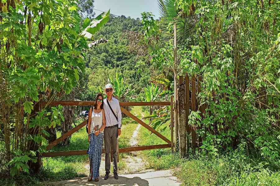 Loving couple walking in the garden