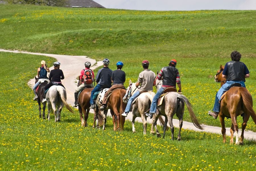 A group rides together along a quiet Breckenridge countryside trail.