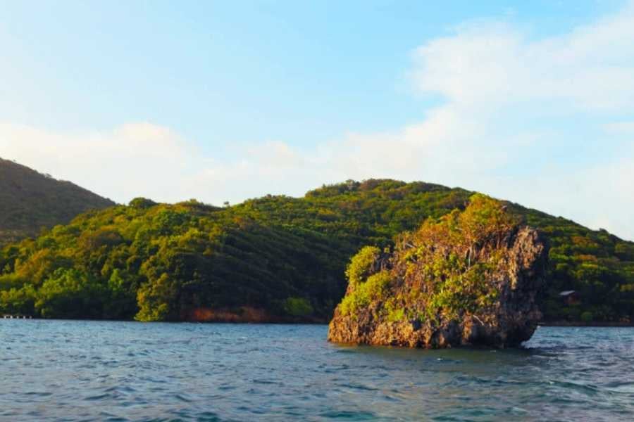  A picturesque coastline with rocky formations rising from the sea, surrounded by vibrant greenery.