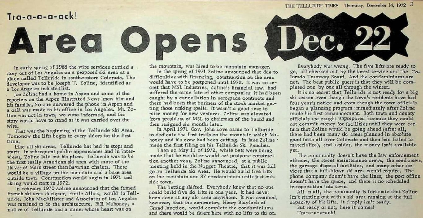 newspaper clipping of Telluride resort opening in 1972