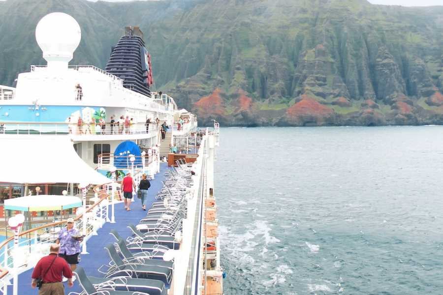 A cruise ship sailing near lush green cliffs, with a few passengers enjoying the view from the deck.