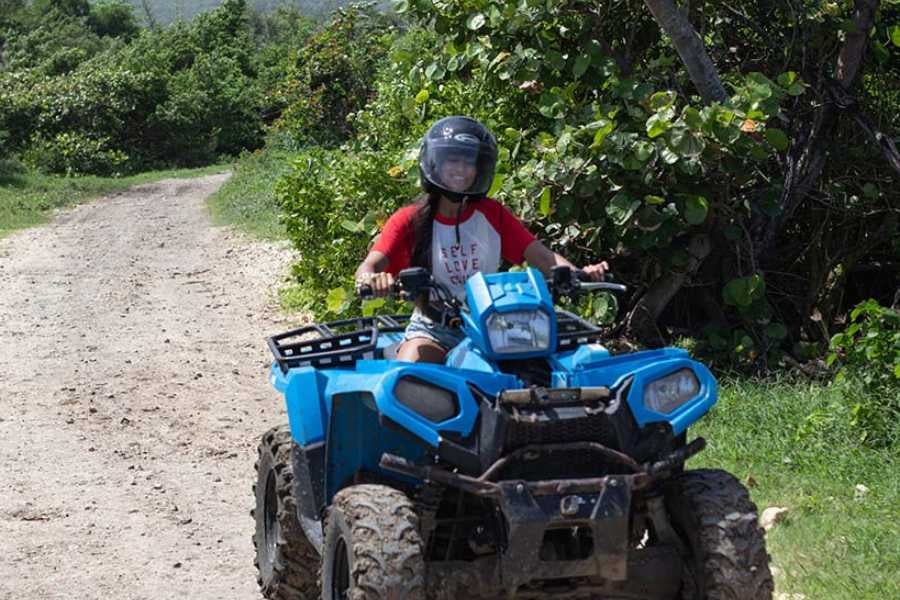 A person rides a bright blue ATV along a rugged, tropical dirt path.