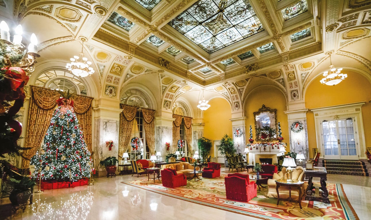 Christmas decorations inside the Hermitage Hotel lobby in Nashville