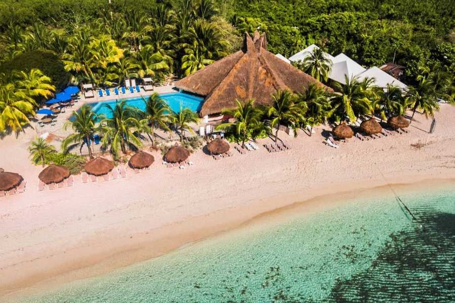 A tropical beachfront resort with a thatched-roof hut, a sparkling pool, and palm trees lining the golden sand.