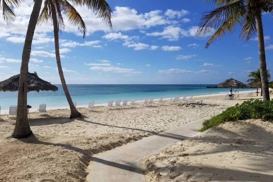 A serene beach with clear water, lounge chairs, and swaying palm trees, perfect for relaxing under the sun.