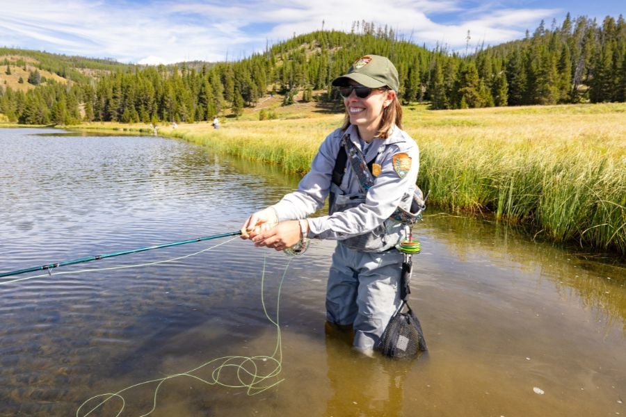 Smiling fisher in waders practices casting in Yellowstone’s clear shallows.